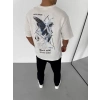 Biçomi Unisex Bisiklet Yaka Baskılı Oversize T-Shirt - Beyaz