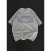 Biçomi Unisex Bisiklet Yaka Baskılı Oversize T-Shirt - Beyaz