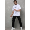Biçomi Unisex Bisiklet Yaka Baskılı Oversize T-Shirt - Beyaz