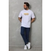 Biçomi Unisex Bisiklet Yaka Baskılı Oversize T-Shirt - Beyaz
