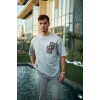 Biçomi Unisex Bisiklet Yaka Baskılı Oversize T-Shirt - Boyalı Gri