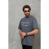 Biçomi Unisex Bisiklet Yaka Baskılı Oversize T-Shirt - Füme