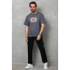 Biçomi Unisex Bisiklet Yaka Baskılı Oversize T-Shirt - Füme