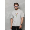 Biçomi Unisex Bisiklet Yaka Baskılı Oversize T-Shirt - Gri