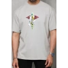 Biçomi Unisex Bisiklet Yaka Baskılı Oversize T-Shirt - Gri