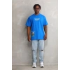 Biçomi Unisex Bisiklet Yaka Baskılı Oversize T-Shirt - Mavi