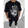 Biçomi Unisex Bisiklet Yaka Baskılı Oversize T-Shirt - Siyah