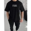 Biçomi Unisex Bisiklet Yaka Baskılı Oversize T-Shirt - Siyah