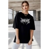 Biçomi Unisex Bisiklet Yaka Baskılı Oversize T-Shirt - Siyah