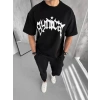 Biçomi Unisex Bisiklet Yaka Baskılı Oversize T-Shirt - Siyah