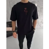 Biçomi Unisex Bisiklet Yaka Baskılı Oversize T-Shirt - Siyah