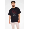 Biçomi Unisex Bisiklet Yaka Baskılı Oversize T-Shirt - Siyah
