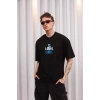 Biçomi Unisex Bisiklet Yaka Baskılı Oversize T-Shirt - Siyah