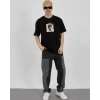 Biçomi Unisex Bisiklet Yaka Baskılı Oversize T-Shirt - Siyah
