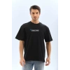 Biçomi Unisex Bisiklet Yaka Baskılı Oversize T-Shirt - Siyah