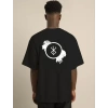 Biçomi Unisex Bisiklet Yaka Baskılı Oversize T-Shirt - Siyah
