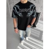 Biçomi Unisex Bisiklet Yaka Baskılı Oversize T-Shirt-Siyah