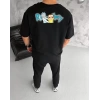 Biçomi Unisex Bisiklet Yaka Baskılı Oversize T-Shirt - Siyah