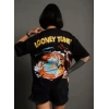 Biçomi Unisex Bisiklet Yaka Baskılı Oversize T-Shirt - Siyah
