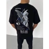 Biçomi Unisex Bisiklet Yaka Baskılı Oversize T-Shirt - Siyah