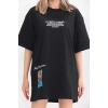 Biçomi Unisex Bisiklet Yaka Baskılı Oversize T-Shirt - Siyah