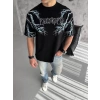 Biçomi Unisex Bisiklet Yaka Baskılı Oversize T-Shirt - Siyah