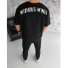 Biçomi Unisex Bisiklet Yaka Baskılı Oversize T-Shirt - Siyah