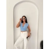Biçomi Vatkalı Kolsuz V Yaka Drapeli Crop Bluz Likralı Fit - Bebek Mavisi
