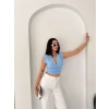 Biçomi Vatkalı Kolsuz V Yaka Drapeli Crop Bluz Likralı Fit - Bebek Mavisi