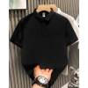 Biçomi Yakası Düğmeli Yakalı Pike Düz T-Shirt - Siyah