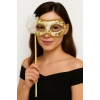 Lüks Taşlı Saplı Maskeli Balo Maskesi Beyaz Renk 35 Cm