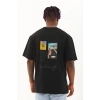 Unisex Oversize Baskılı Bisiklet Yaka T-Shirt - Siyah