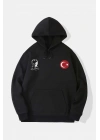 10 Kasıma Özel Üç İplik Kapüşonlu Baskılı SweatShirt - Siyah -