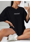 20/1 Penye Compack Classical Baskılı Siyah Oversize Tişort - Siyah -