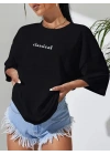20/1 Penye Compack Classical Baskılı Siyah Oversize Tişort - Siyah -