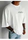 20/1 Penye Compack Ön Arka Ejder Baskılı Oversize Bisiklet Yaka T-shirt - Beyaz -