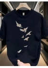 20/1 Penye Compack Özgür kuşlar Baskılı Baskılı Oversize Bisiklet Yaka T-shirt - Beyaz -