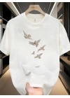 20/1 Penye Compack Özgür kuşlar Baskılı Oversize Bisiklet Yaka T-shirt - Beyaz -