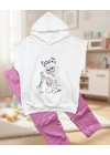 3-4-5 Yaş Kapşonlu Sevimli Kız Baskılı Kısa Kolu 2li Kız Erkek Çocuk Takımı Pembe