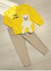 2-3-4 Yaş Ayıcık Sallanan Ayak Desenli Likra Penye Kumaş Sweat Pantolonlu Kız Erkek 2li Çocuk Takımı Sarı