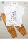 3-4-5 Yaş Kapşonlu Sevimli Kız Baskılı Kısa Kolu 2li Kız Erkek Çocuk Takımı Hardal