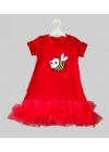 1-2-3 Yaş Arıcık Nakışlı Eteği Fırfırlı Jile Kız Çocuk Elbisesi Kırmızı
