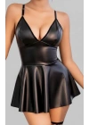 Bicomi Siyah Ayarlanabilir İnce Askılı Fantezi Parlak Deri Elbise