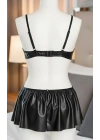 Bicomi Dekolteli Parlak Siyah Mini Etekli Deri Sütyen Takımı
