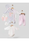 Kelebek Nakışlı Tulumlu % 100 Pamuk Kız Bebek 5li Set