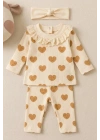 Kalp Baskılı Fisto Yaka 3 Parça Kız Bebek Takımı - %100 Pamuk