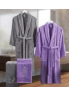Bicomi Premium %100 Pamuklu 4 Parça Aile Bornoz Seti – Gri & Lavanta Banyo Keyfi Takımı
