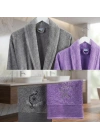 Bicomi Premium %100 Pamuklu 4 Parça Aile Bornoz Seti – Gri & Lavanta Banyo Keyfi Takımı