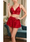 Bicomi Tutku Serisi: Dantel İşlemeli ve Kurdele Detaylı Kırmızı Büstiyer Etek Takımı