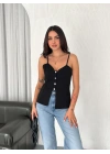 Askılı Dekolte deraylı bluz crop - Siyah